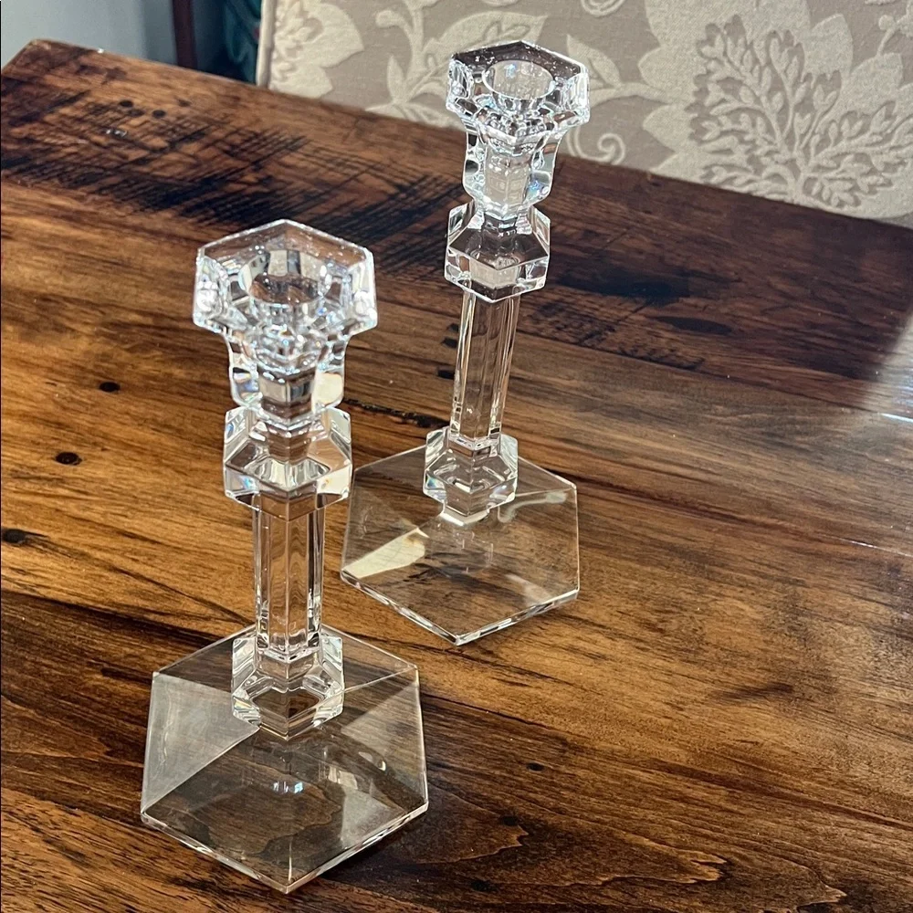 Vintage Pair of Val St. Lambert Gardenia Crystal Candlesticks Like New Signed